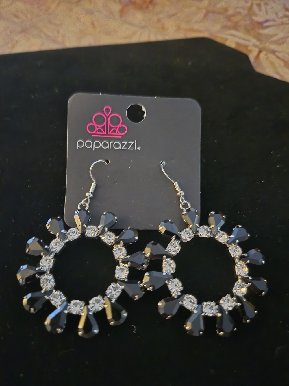 Paparazzi Black and Clear Sparkle Teardrop Hoop Earrings